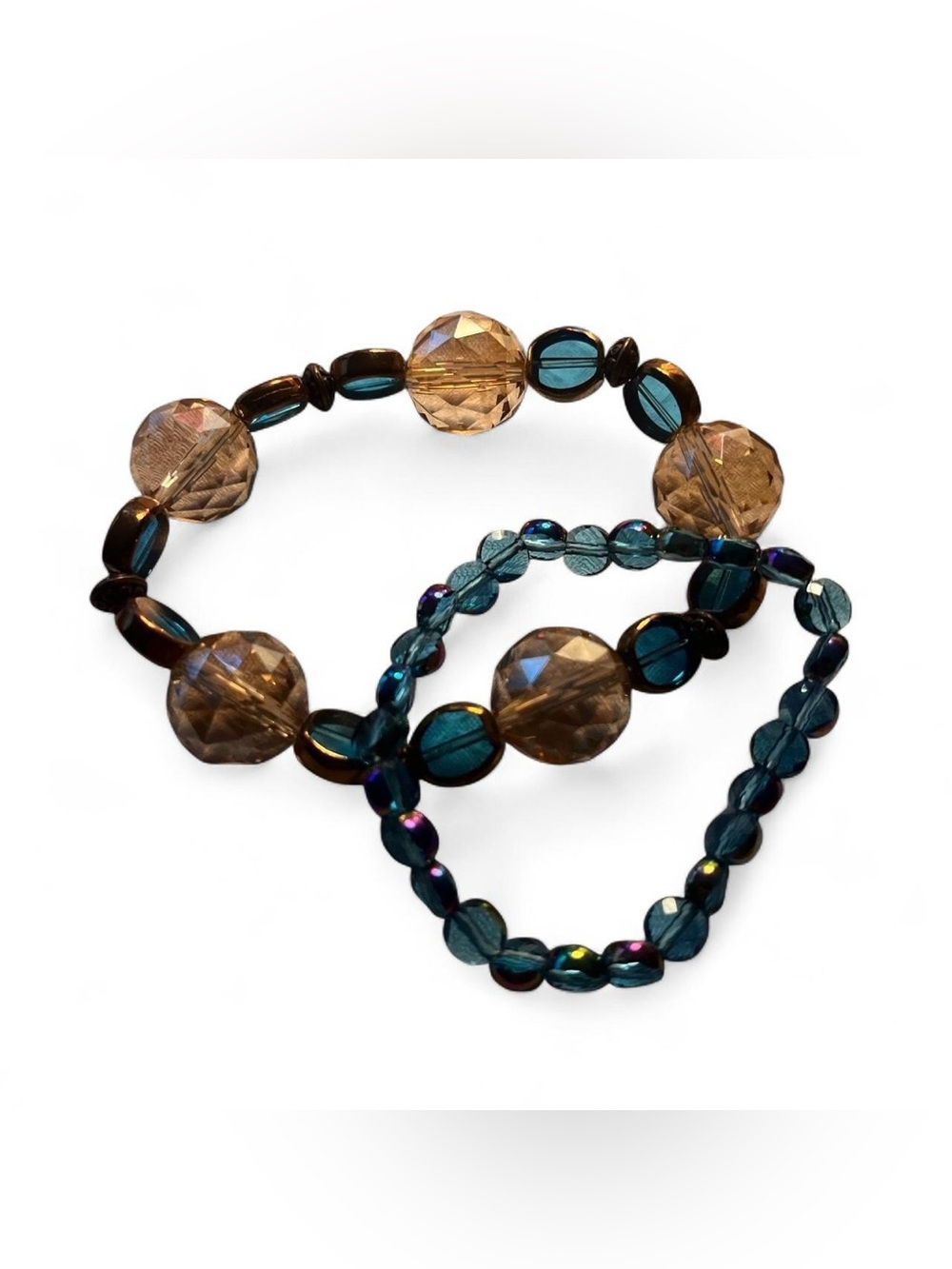 2 Bead Stretch Bracelet Set - Amber and Teal
